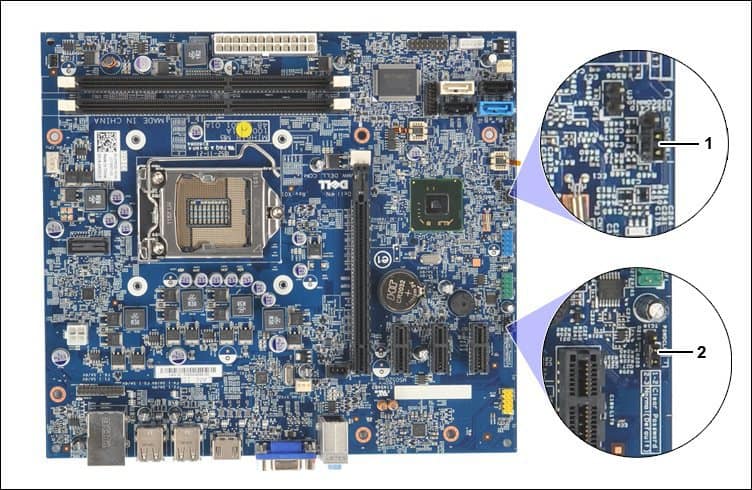 Example of BIOS reset jumpers on a Dell motherboard