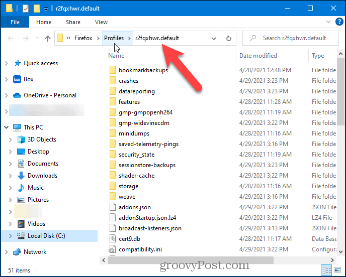 A Firefox profile folder open in File Explorer