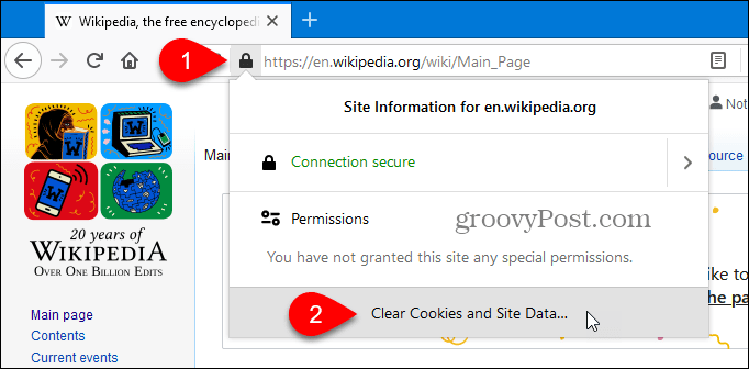 Clear cookies and site data for the current site in Firefox