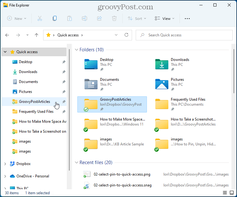 Quick Access folders in File Explorer