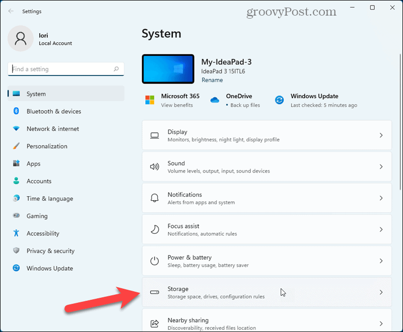 Click Storage on the System screen in Windows 11 Settings