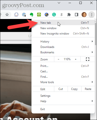 Select New Tab from Chrome menu