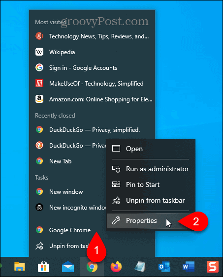 Select Properties for Chrome Taskbar shortcut