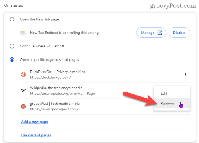 Remove page from startup in Chrome