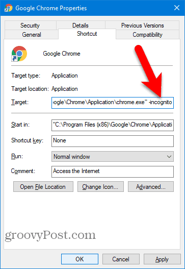 Add -incognito to Chrome Desktop shortcut