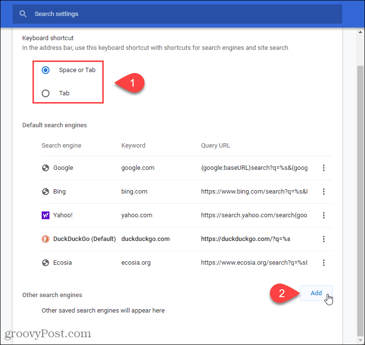 Click Add under Other search engines in Chrome