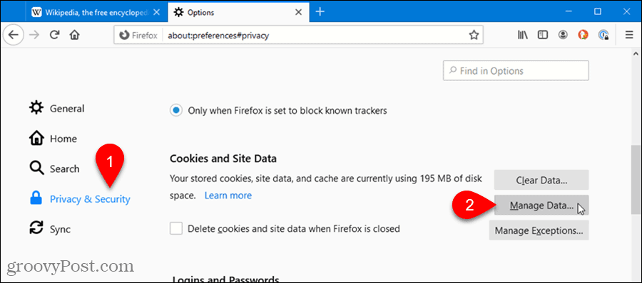 Click Manage Data in Firefox