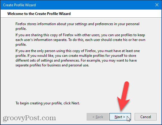 Firefox Create Profile Wizard Welcome page