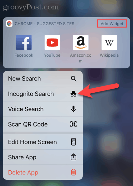 Tap New Incognito Tab from Chrome app icon on iOS