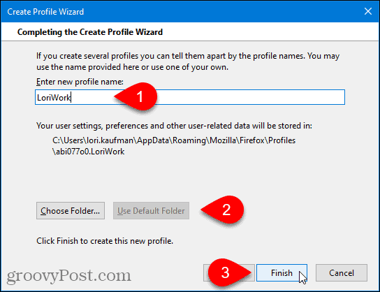 Enter profile name for new Firefox profile