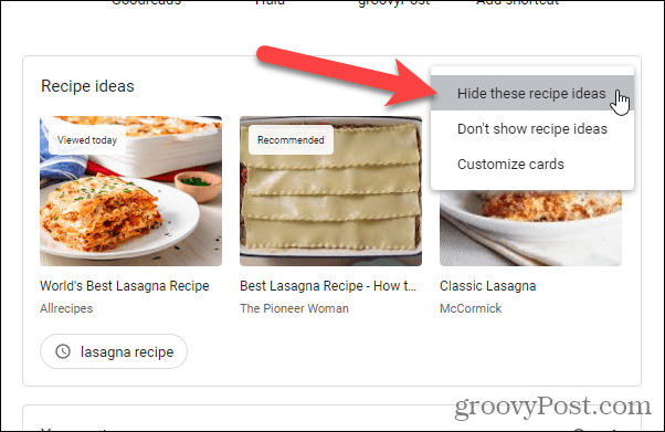 Select Hide these recipe ideas on Chrome New Tab page