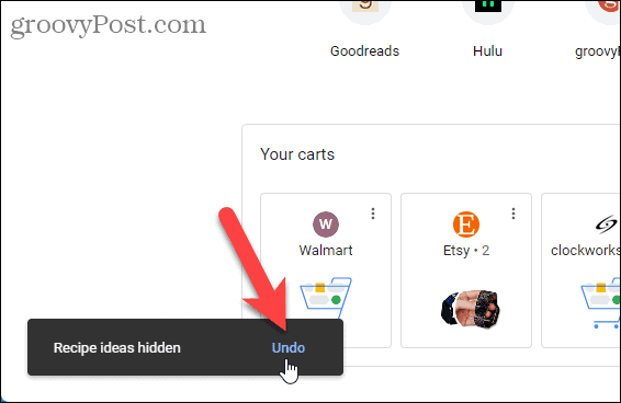 Click Undo for hiding recipe ideas on Chrome New Tab page