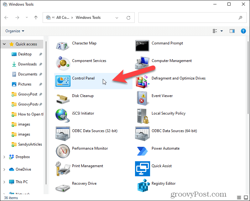 Open Control Panel in Windows Tools