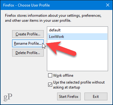 Click Rename in the Firefox Profile Manager