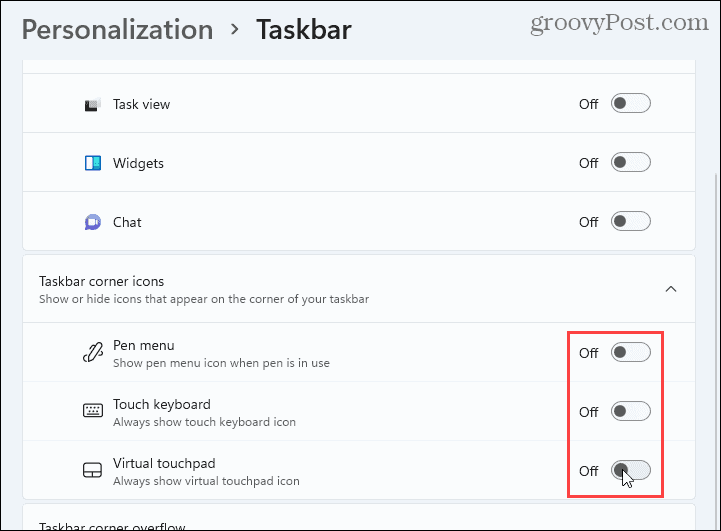 Hide Taskbar corner icons in Windows 11