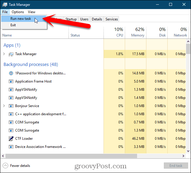 Select Run new task in the Windows 10 Task Manager