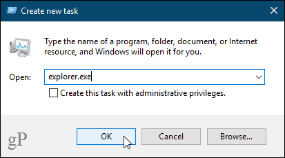 Create new task dialog box in the Windows 10 Task Manager