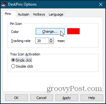 Pins options in DeskPins