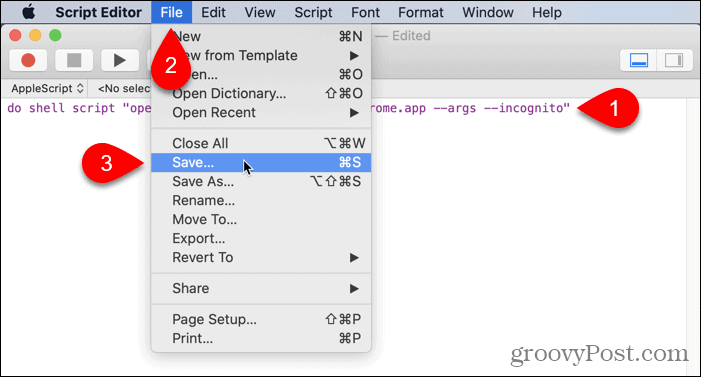 Go to File > Save in Script Editor on Mac