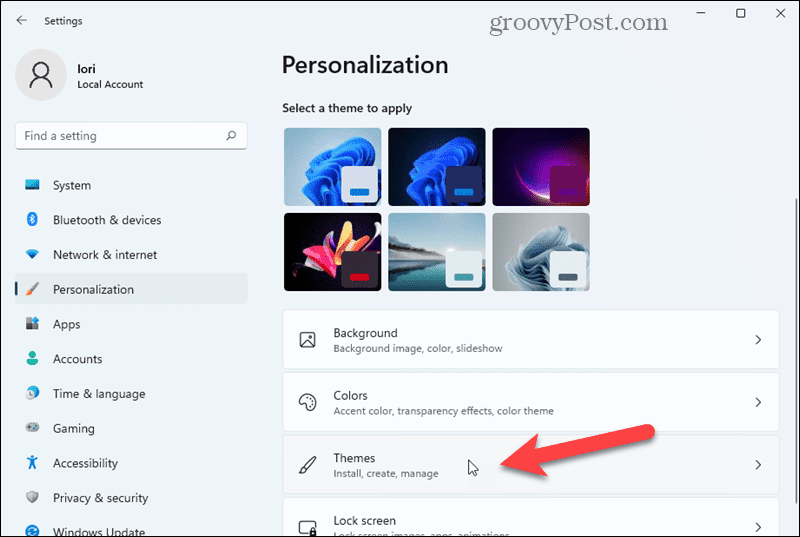 Click Themes on the Personalization screen in Windows 11 Settings