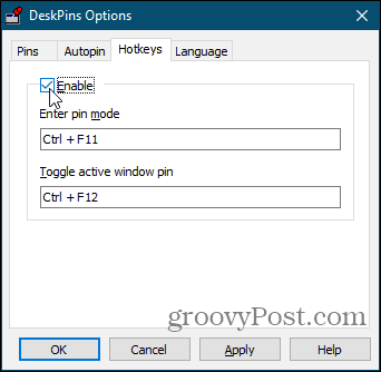 Hotkeys options in DeskPins