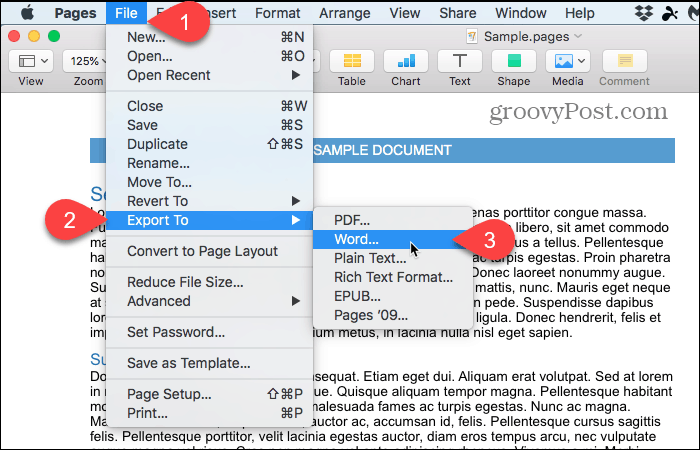 File > Export To > Word in Pages on Mac