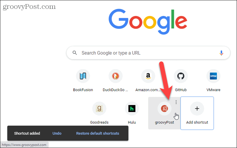 Shortcut added on the Chrome New Tab page