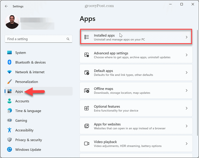 settings apps installed apps