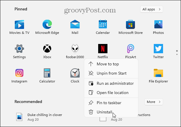 Uninstall from Pinned apps Windows 11 Start