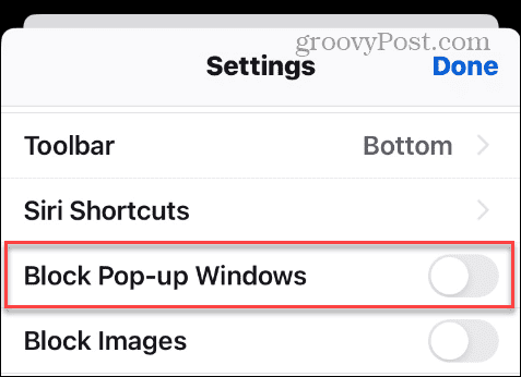 Block Pop-up Windows option in iPhone Firefox Settings