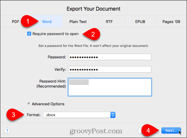 Export Your Document dialog box in Pages for Mac