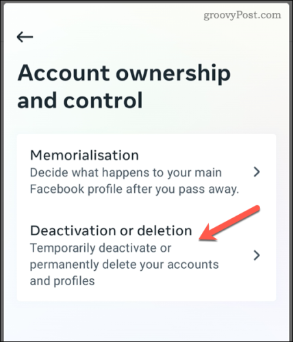 Choosing to delete a Facebook account on mobile