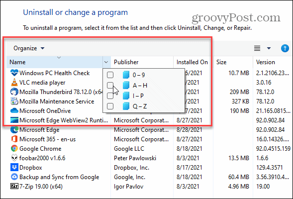 organize apps control panel