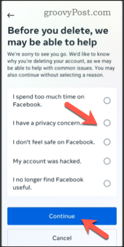 Choosing to delete a Facebook account on mobile