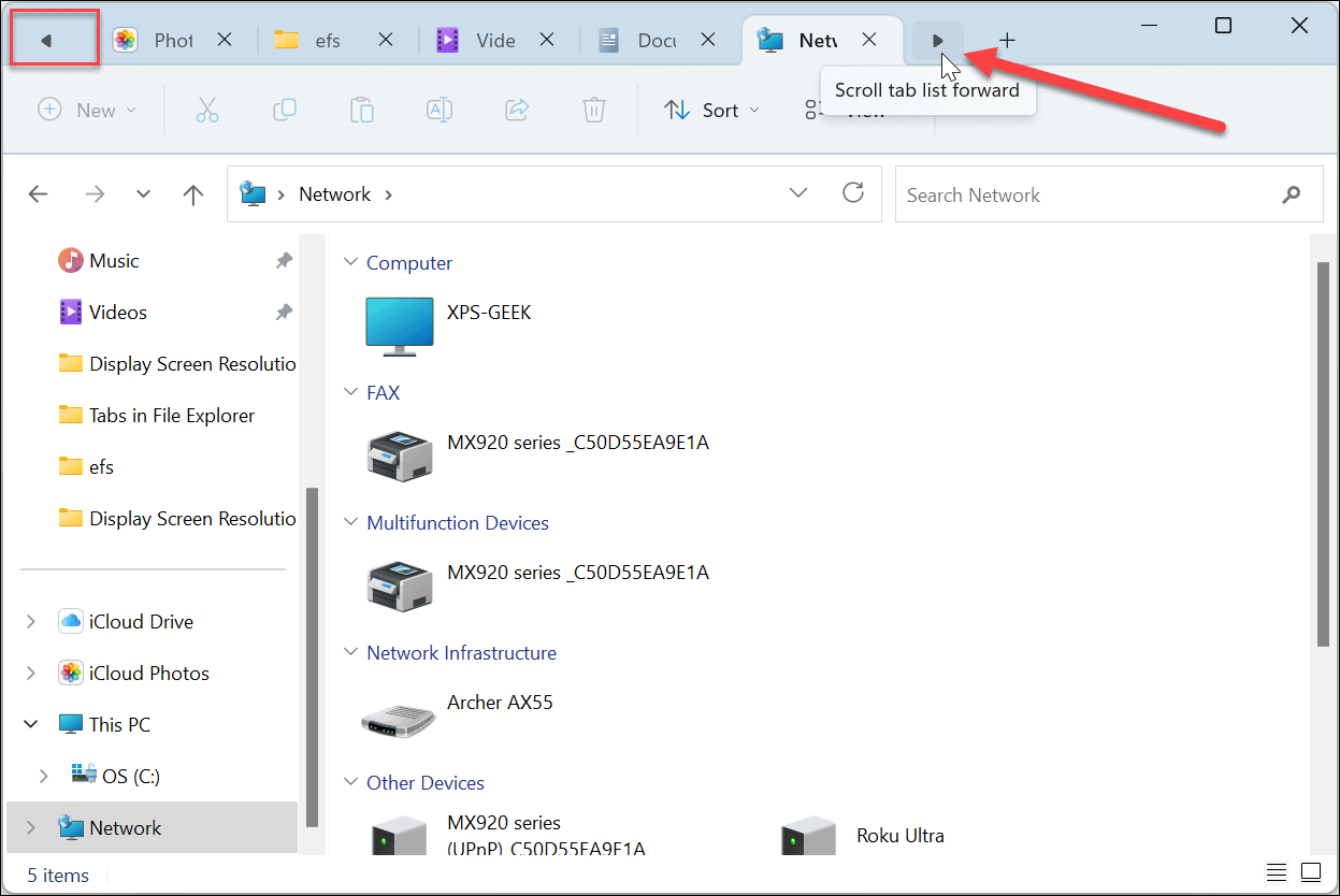 scroll open tabs list in file explorer