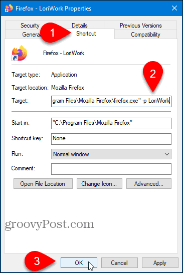 Add Firefox profile name to Target on Firefox shortcut