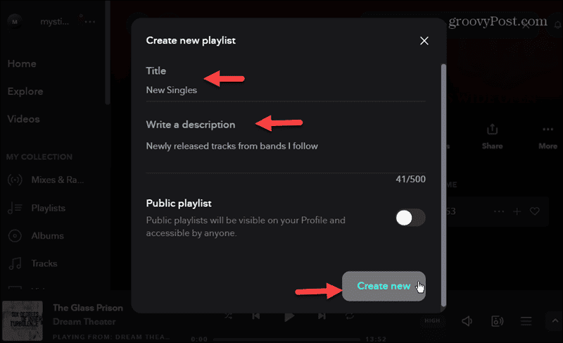 creating new tidal playlist name description