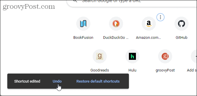 Shortcut edited on the Chrome New Tab page