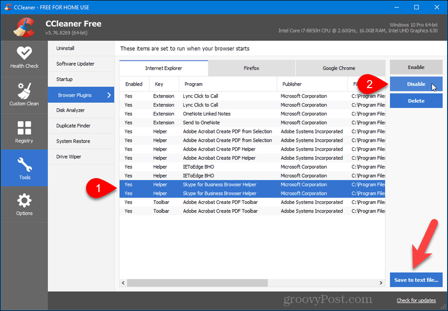 Manage browser plugins in CCleaner