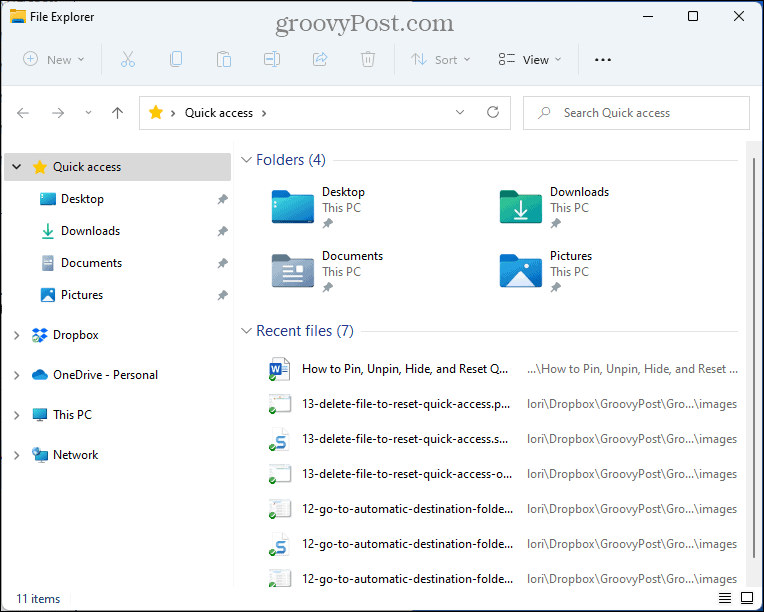 Quick Access folders reset in File Explorer