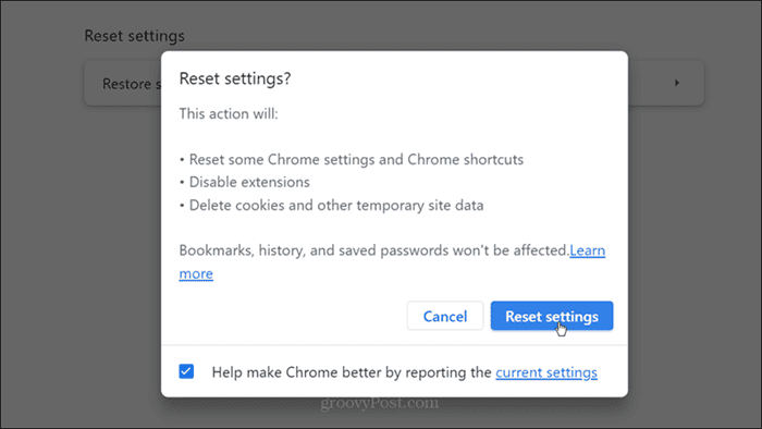 Reset settings Chrome confirmation