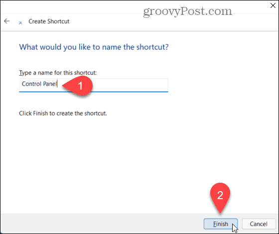 Type name of Control Panel shortcut