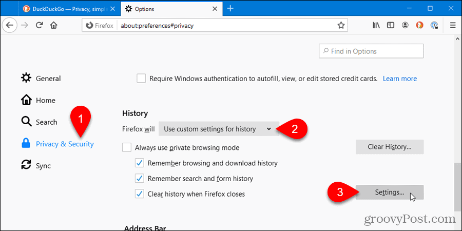 Click Settings for Clear history when Firefox closes