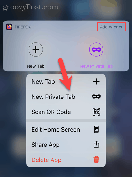 Long press Firefox icon on iOS and select New Private Tab