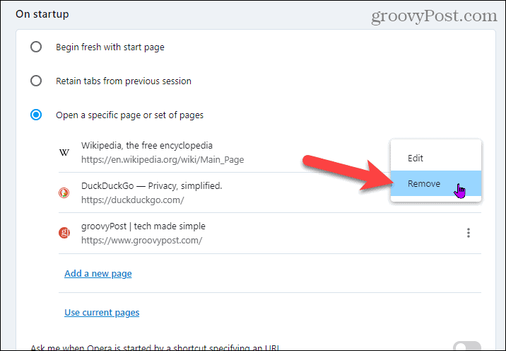 Remove page from startup in Opera