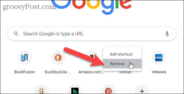 Select Remove on a shortcut on the Chrome New Tab page