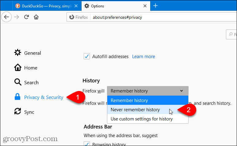 Select Never Remember History in Firefox