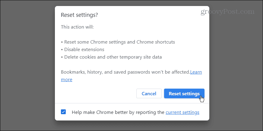 reset chrome settings action