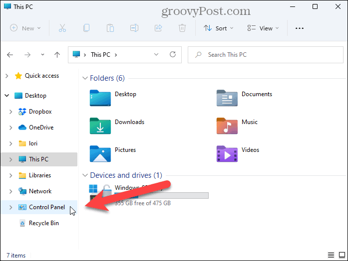 Control Panel in left pane of File Explorer