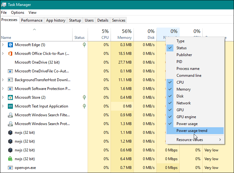 Add Power Monitor Column Windows 10 1809